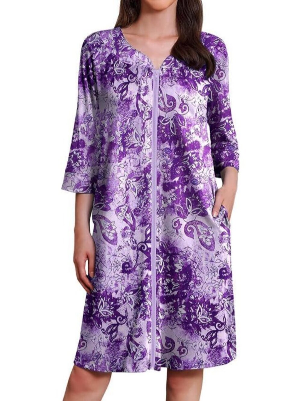 Womens Zip Front Housecoat Floral Print Lounge Dress 3 Quarter Sleeve Robe